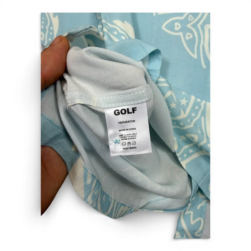 GOLF WANG Paisley Button Up Shirt Men L Light Blue Camp Loop Collar Short Sleeve